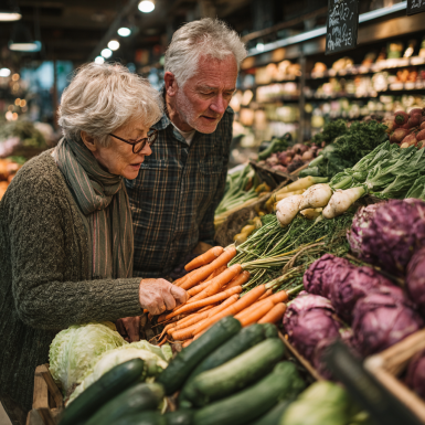 Літня пара готує здорову їжу на кухні