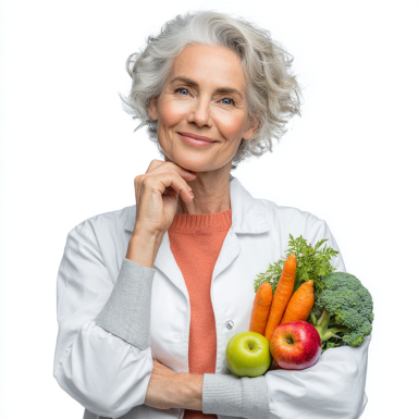 Літня жінка з корзиною свіжих овочів та фруктів